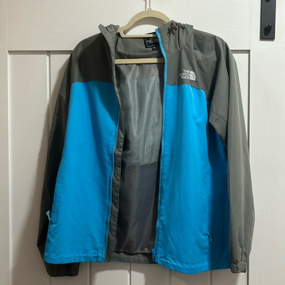 Womans Medium Hooded Blue and Gray North Face Rain Jacket, Good Condition